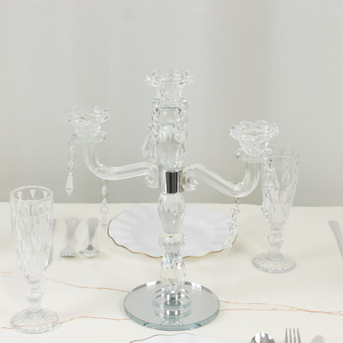 crystal candelabra, taper candle holder, glass candelabra, candle holder, candelabra, glass candle holder#size_3-arm