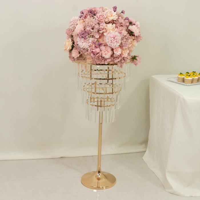 crystal pendant chandelier, gold flower stand, centerpiece stand, metal floral stand, flower stand, pedestal stand, round floral stand#color_parent