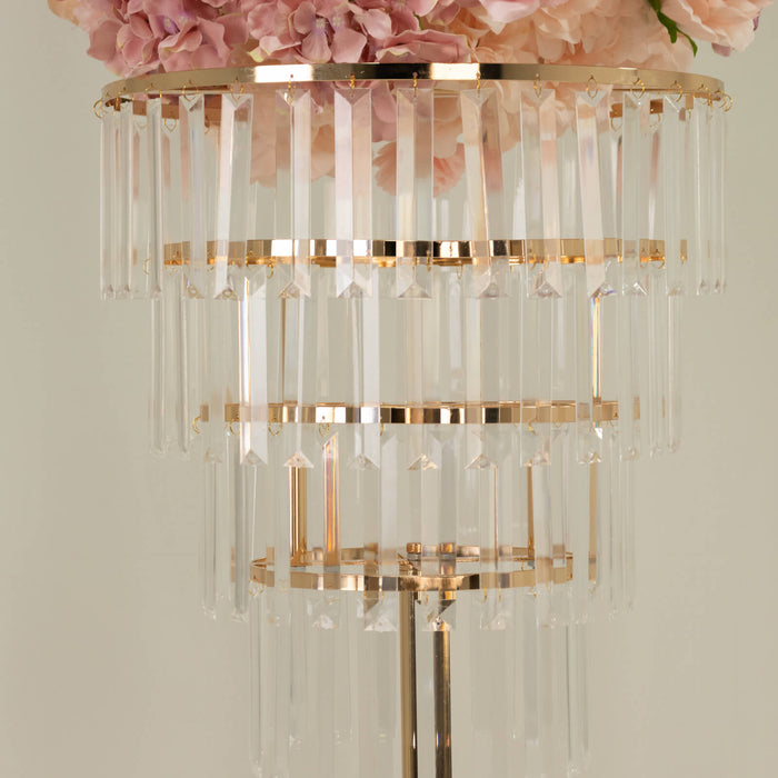 crystal pendant chandelier, gold flower stand, centerpiece stand, metal floral stand, flower stand, pedestal stand, round floral stand#color_parent