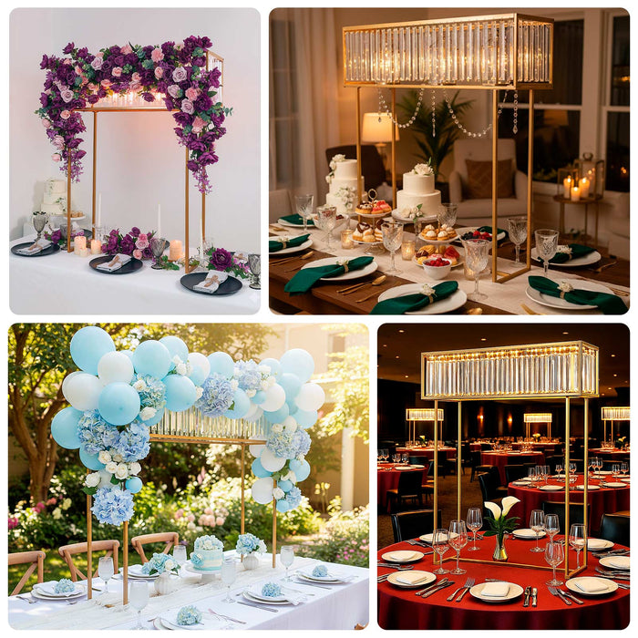gold flower stand, tall flower stand, crystal flower stand, wedding centerpiece stand, gold centerpiece stand, metal flower stand, tall centerpiece vase, event decoration stand, floral display stand, rectangular flower stand#color_parent
