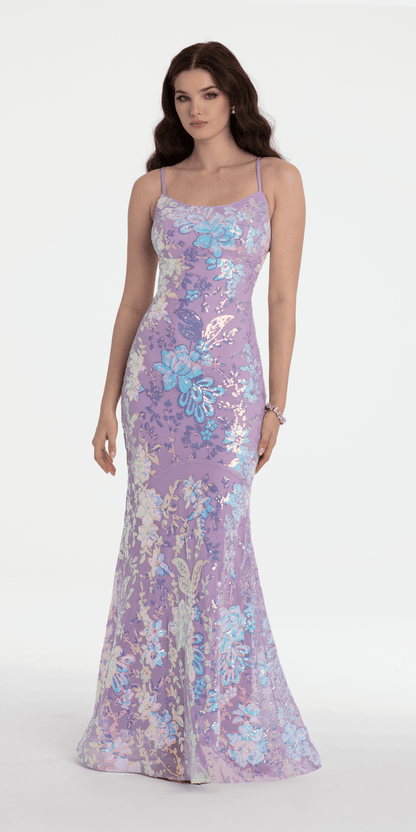 lavendar/size/4/missy/Camille La Vie/Double Clasp Back Floral Sequin Mermaid Dress/front