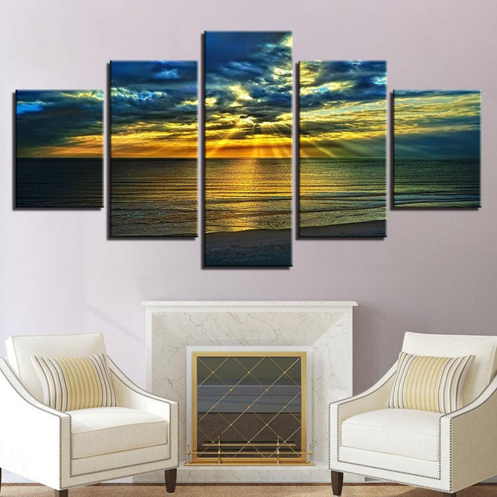 Beach Sunset Through The Clouds 5 Panel Canvas Print Wall Art - GotItHere.com
