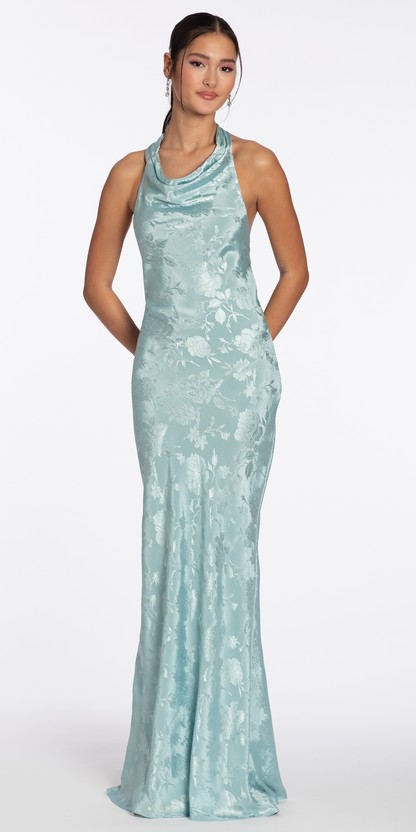 Drape Neck Tie Back Jacquard Column Dress - Camille La Vie