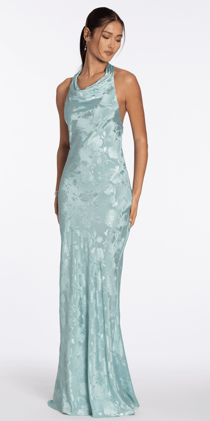 Drape Neck Tie Back Jacquard Column Dress - Camille La Vie