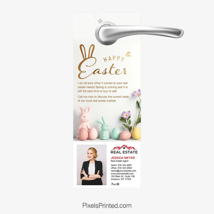 Easter-themed real estate door hanger used for seasonal farming with agent branding and contact information.