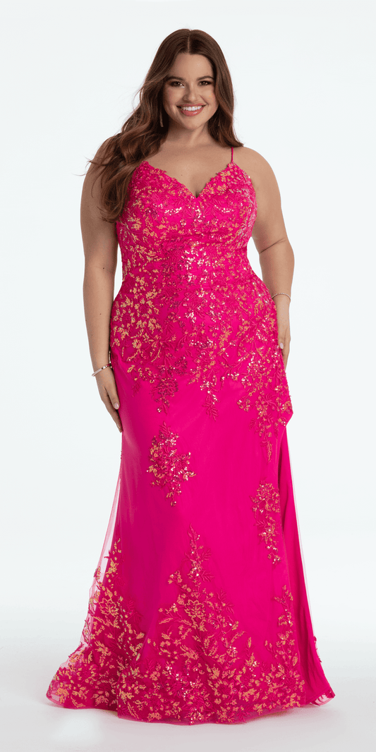 fuchsia/size/14/plus/Camille La Vie Embroidered Sequin Sweetheart Corset Column Dress with Side Slit/front