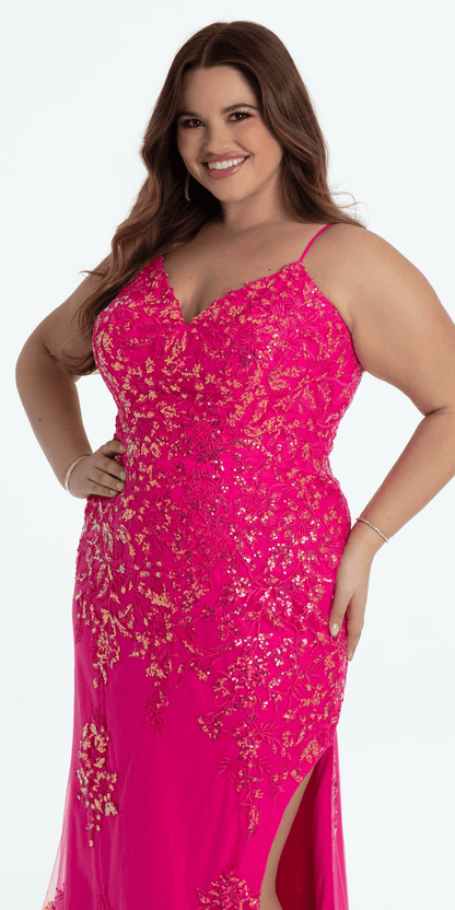 fuchsia/size/14/plus/Camille La Vie Embroidered Sequin Sweetheart Corset Column Dress with Side Slit/close up