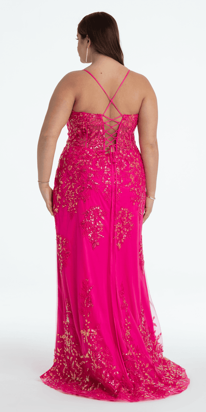 fuchsia/size/14/plus/Camille La Vie Embroidered Sequin Sweetheart Corset Column Dress with Side Slit/back