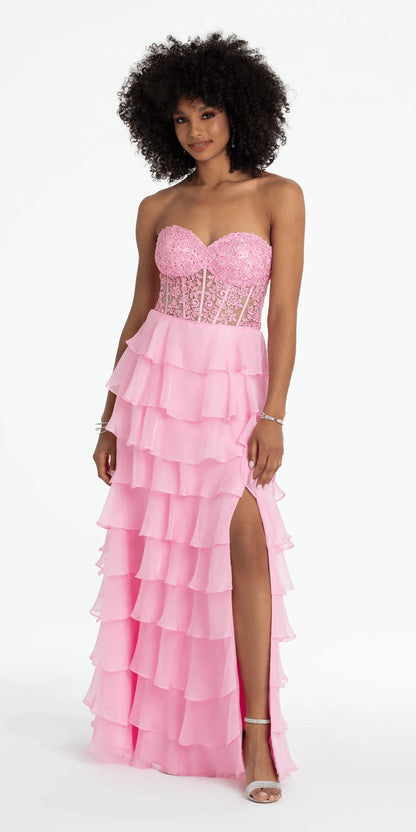 pink/size/4/missy/Camille La Vie/Embroidered Strapless Chiffon Tiered Corset Ballgown/front