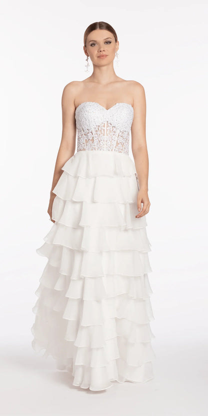 ivory/size/4/missy/Camille La Vie/Embroidered Strapless Chiffon Tiered Corset Ballgown/front