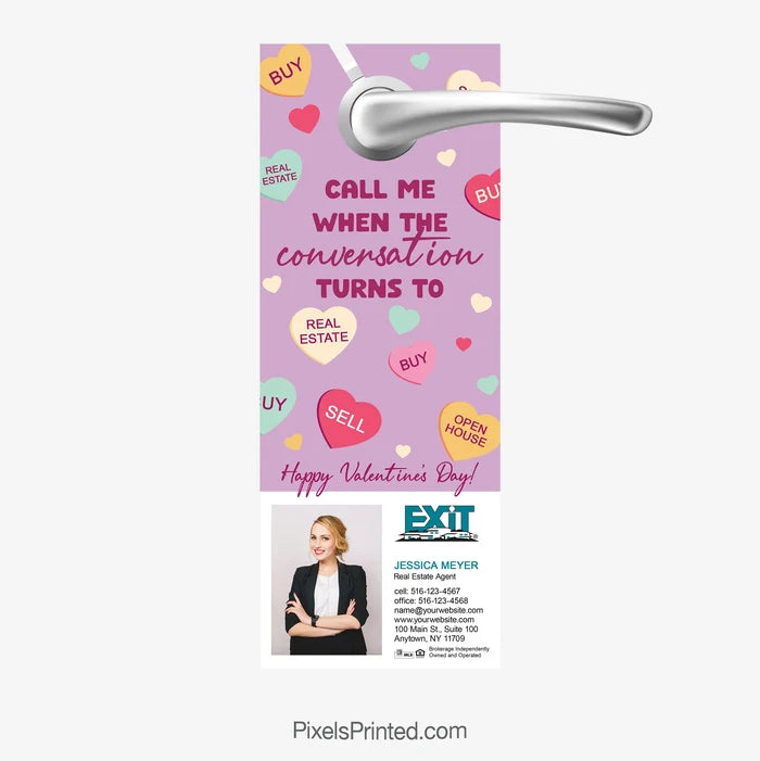Exit Realty Valentine's day door hanger prompting real estate talk.