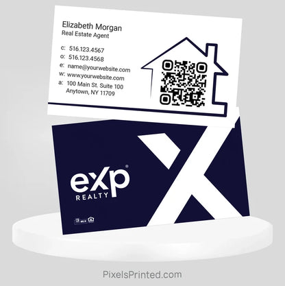 Professional eXp Realty business card featuring a house graphic, agent headshot, and personalized branding.