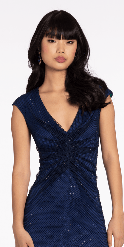 Fishnet Cap Sleeve V Neck Column Dress with Front Slit - Camille La Vie