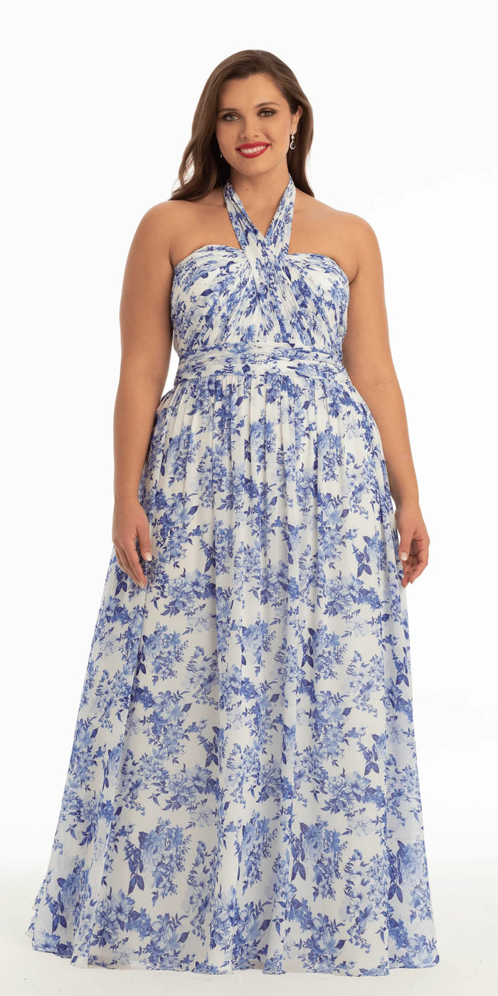 white/blue/size/14/plus/Camille La Vie/Floral Chiffon A Line Halter Dress/front alt