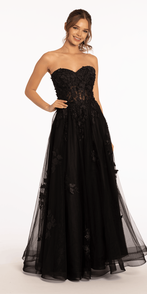 Camille La Vie Floral Mesh Applique Corset A Line Dress missy / 0 / black