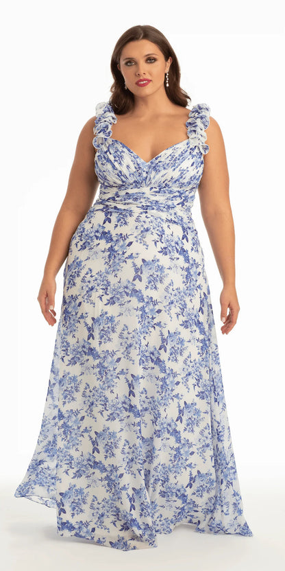 white-blue/size/14/plus/Camille La vie/Floral Print Chiffon Column Dress with Ruffle Shoulders/front