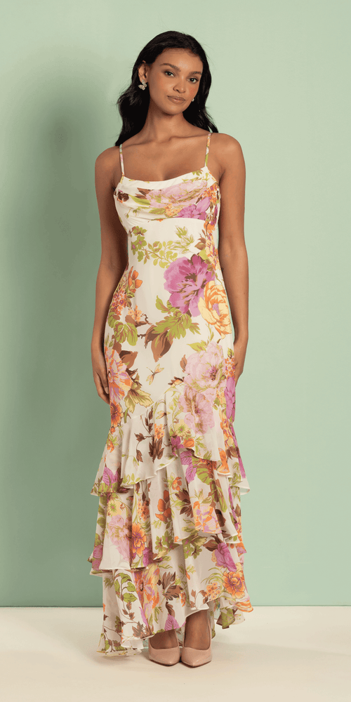 Floral Print Chiffon Drape Front Ruffle High-Low Dress - Camille La Vie