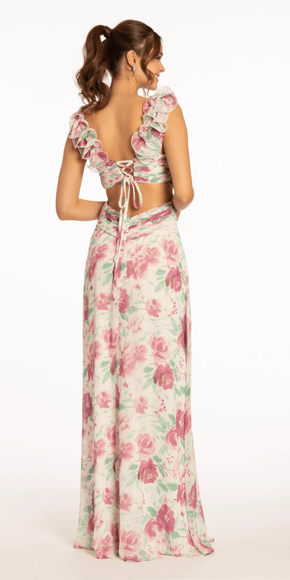 mulberry/size/4/missy/Camille La Vie/Floral Print Chiffon Lace Up Back Column Dress with Ruching/back