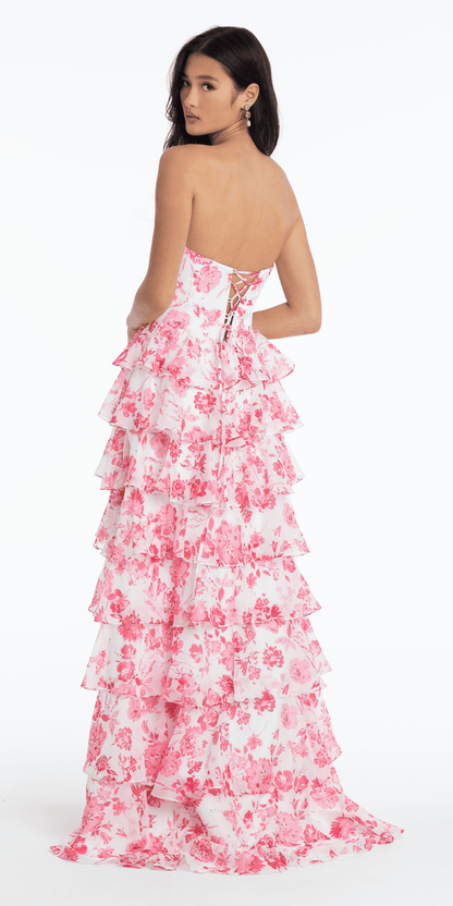 white-pink/size/4/missy/Camille La Vie/Floral Print Strapless Chiffon Tiered A Line Dress /back