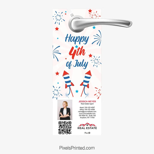 Fourth of July themed real estate door hanger highlighting homeownership with customizable agent branding.