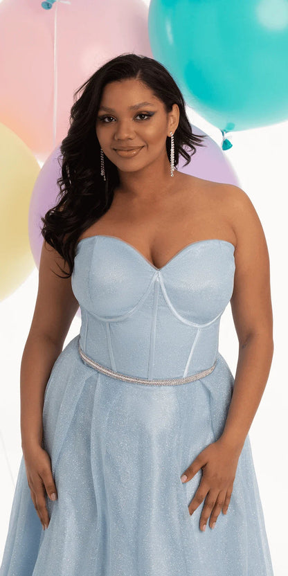 light-blue/size/14/plus/Camille La Vie/Glitter Corset Ballgown with Crystal Waistband/front alt