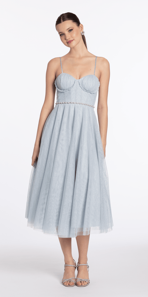 sky-blue/size/4/missy/Camille La Vie/Glitter Mesh Corset Tea Length Dress with Pearl Waist/front