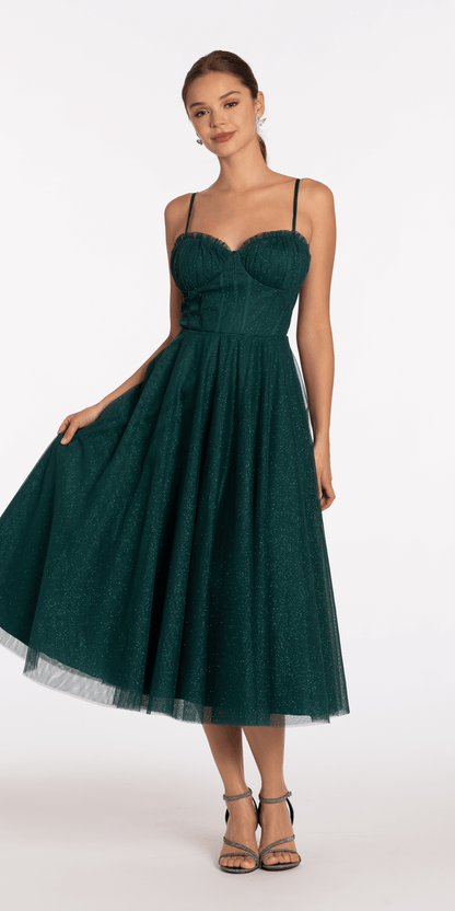 Glitter Mesh Sweetheart Pleated Tea Length Dress - Camille La Vie