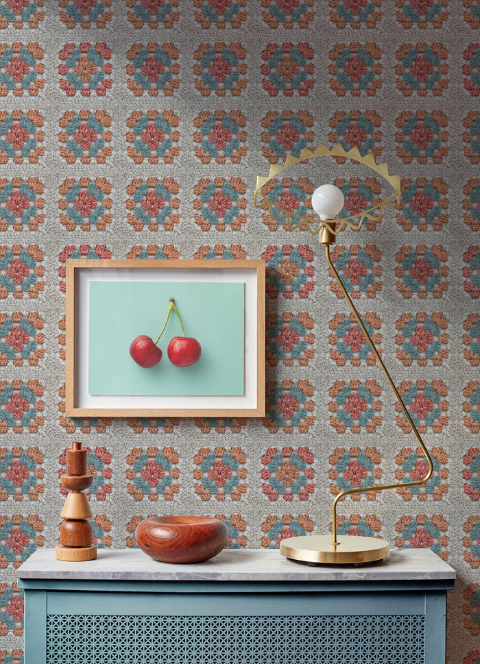 Granny Square Cream & Pink Peel and Stick Wallpaper in a room setting