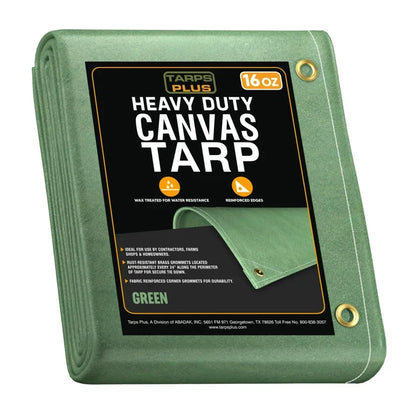 Green 10' x 12' canvas tarp folded for compact outdoor storage coverage