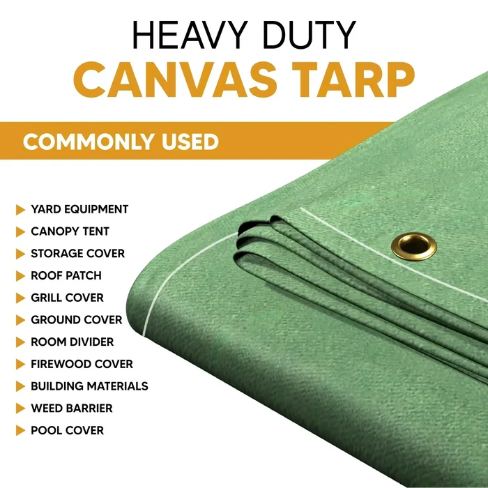Green 10' x 12' canvas tarp suitable for outdoor utility surface protection use