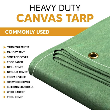 Green 10' x 12' canvas tarp suitable for outdoor utility surface protection use