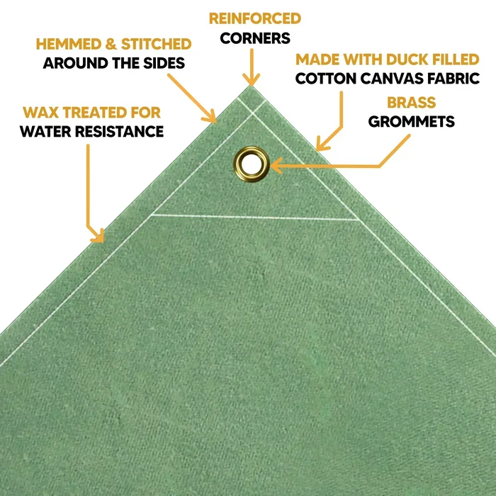 Green 10' x 12' canvas tarp with thick fabric weave and reinforced corners