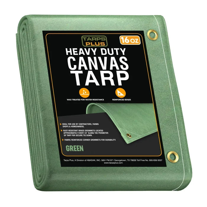 Green 14' x 20' canvas tarp folded for practical outdoor worksite coverage