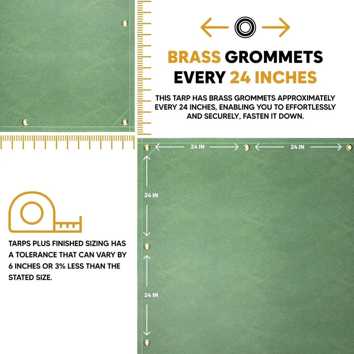 Green 14' x 20' canvas tarp featuring brass grommets and reinforced stitched edging