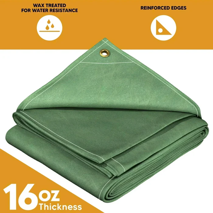 Green 8' x 12' canvas tarp designed for rugged outdoor weather resistance