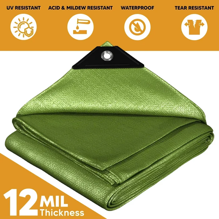 Folded Green 10' x 16' grass layer tarp prepared for temporary shielding applications