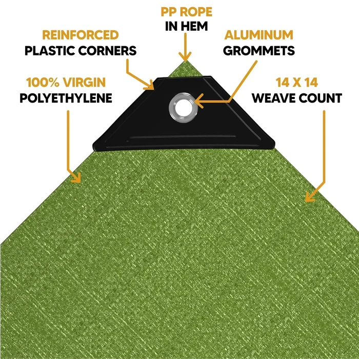 Green 10' x 16' heavy duty tarp built for utility weather defense and protection use