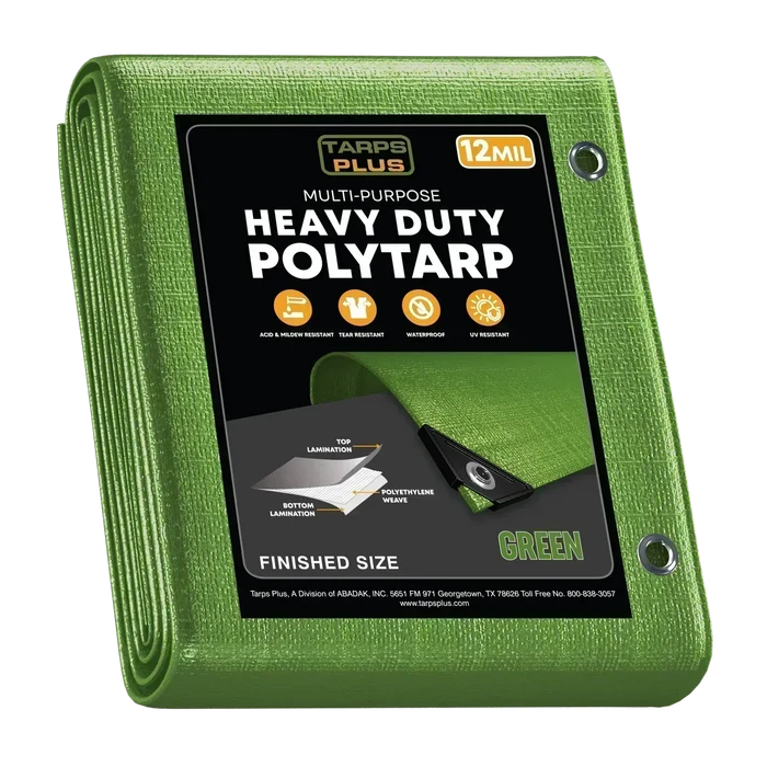Green 30' x 40' sandtone tarp designed for outdoor utility and weather protection coverage