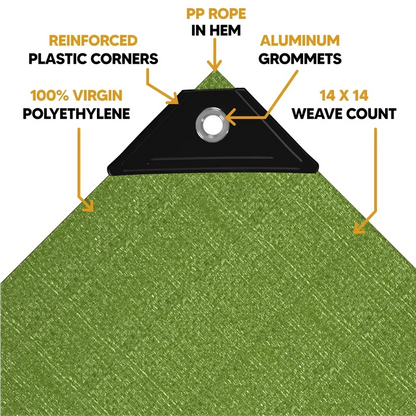 Green 30' x 40' tarp featuring reinforced anchor panel and secure fastening construction