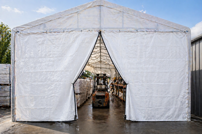 Black 7' x 3" heavy duty tarp zipper kit creating a tent door access panel