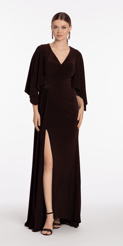 chocolate/size/4/missy/Camille La Vie/Jersey Cape Sleeve V Neck Faux Wrap Dress/front