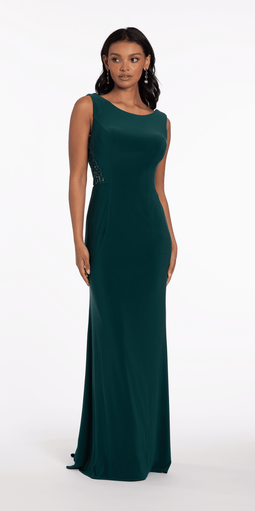 hunter-green/size/4/missy/Camille La Vie/Jersey Drape Back Column Dress with Beaded Side Panels/front alt