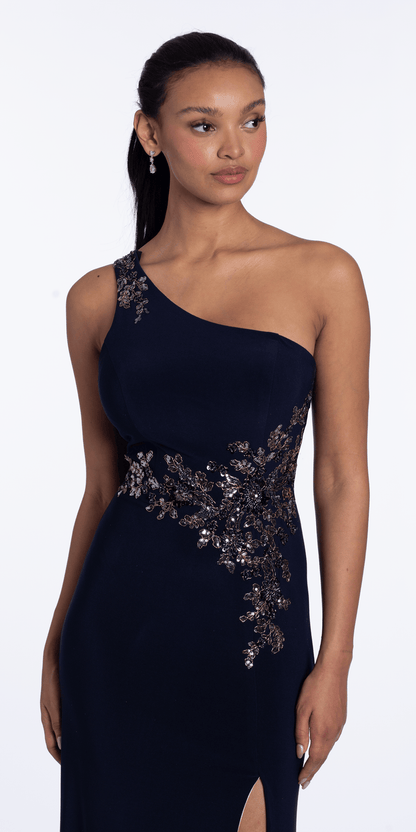 navy/size/4/missy/Camille La Vie/Jersey One Shoulder Column Dress with Embroidery and Contrast Lining/close up