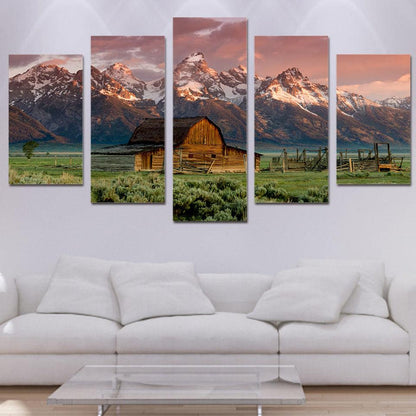 Old Barn Against The Rocky Mountains 5 Panel Canvas Print Wall Art Rockies - GotItHere.com