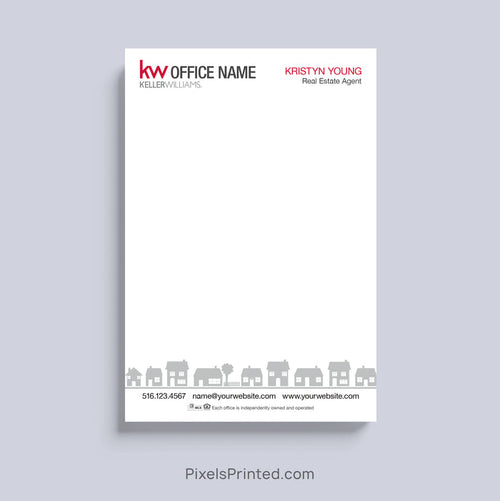 Keller Williams real estate notepad with neighborhood houses and agent branding