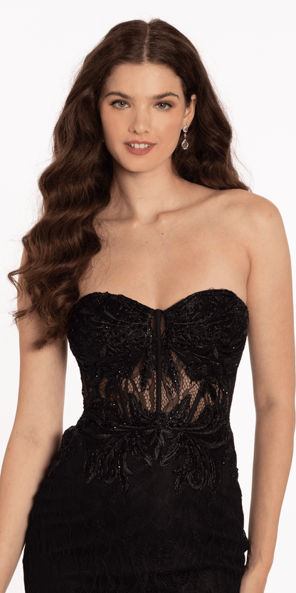 black/size/4/missy/Camille La Vie/Lace Sweetheart Corset Bodycon Dress/close up