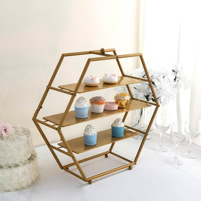 gold cupcake stand, 3 tier cupcake stand, metal cupcake stand, hexagon cupcake stand, dessert display stands#color_gold