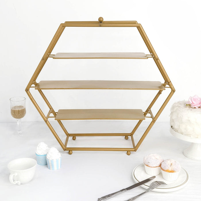 gold cupcake stand, 3 tier cupcake stand, metal cupcake stand, hexagon cupcake stand, dessert display stands#color_gold