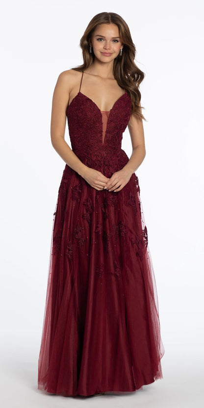 wine/size/4/missy/Camille La Vie/Mesh Applique Plunging Lace Up A Line Dress /front