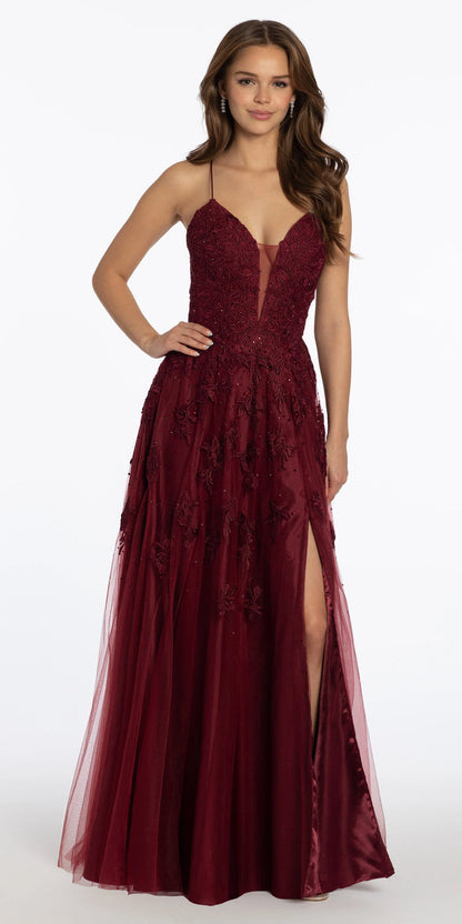 wine/size/4/missy/Camille La Vie/Mesh Applique Plunging Lace Up A Line Dress /alt